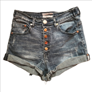 One Teaspoon Harlets High Rise Fitted Twisted Cuff Hem Medium Wash Denim Shorts